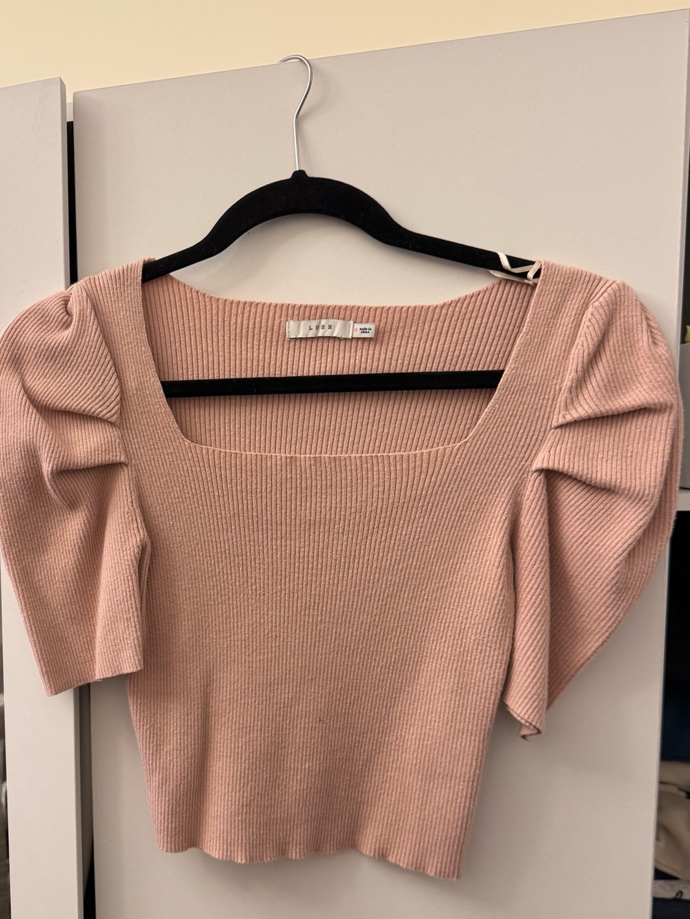 LUSH Ribbed Square Neck Puff Sleeve Knit Crop Sweater/Top - Dusty Pink